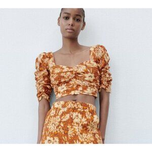 NWT Zara Geometric Floral Print Linen Cotton Cropped Top S